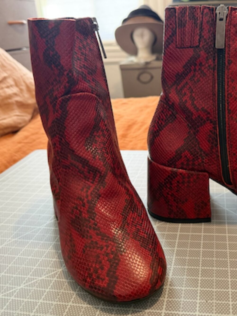 Jeffrey Campbell Lillian Red Snakeprint Block Heel Boots